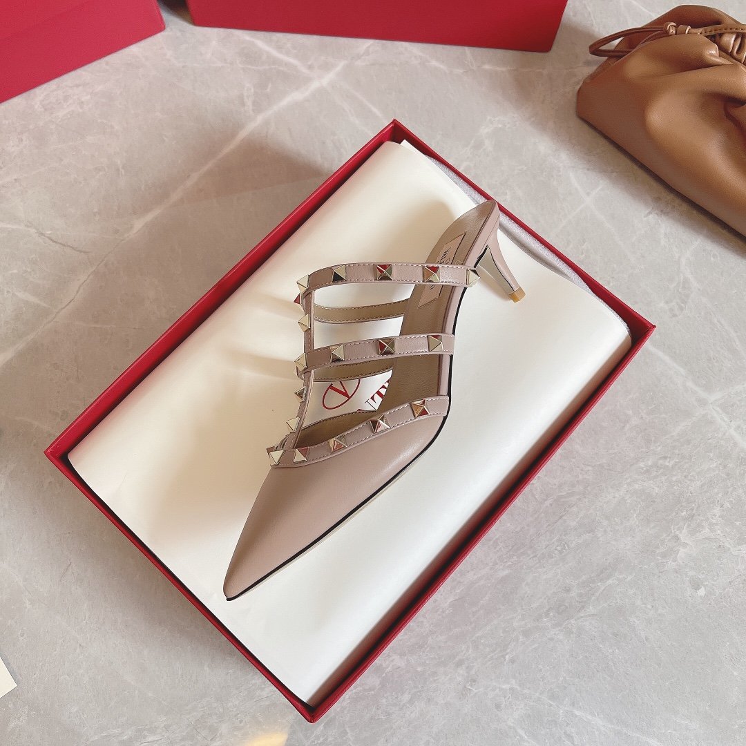 Valentino Women Beige Leather Studded Mules