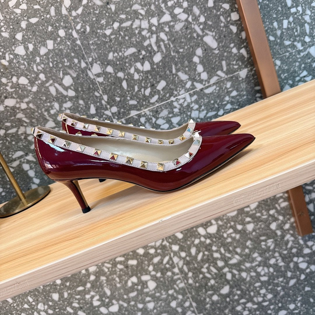 Valentino Women Burgundy Patent Leather Studded Pumps