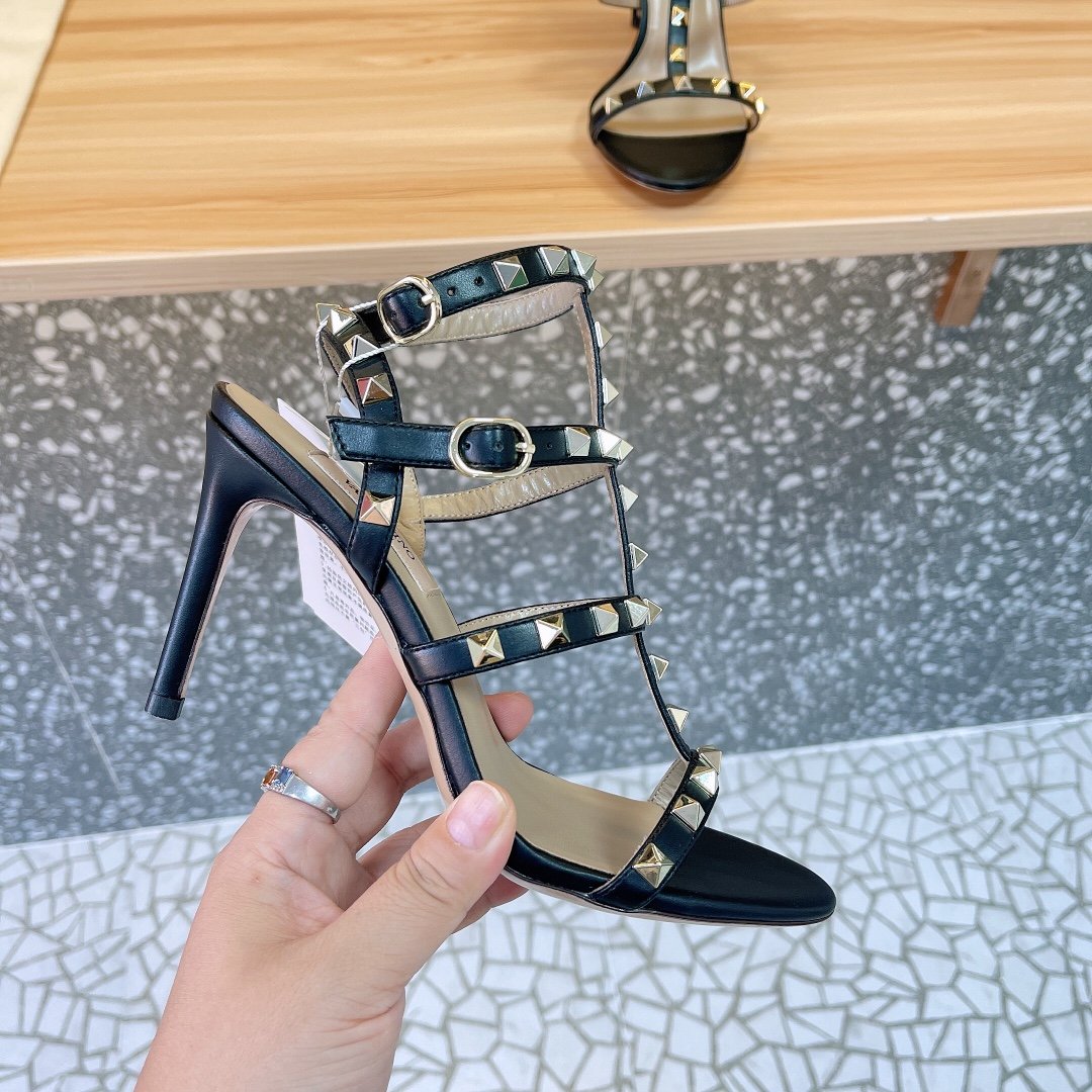 Valentino Women Black Leather Studded Strappy Heels