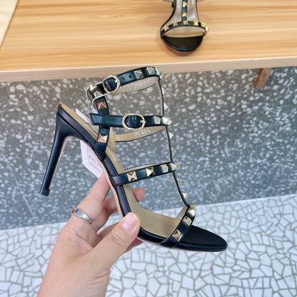 Valentino Women Black Leather Studded Strappy Heels