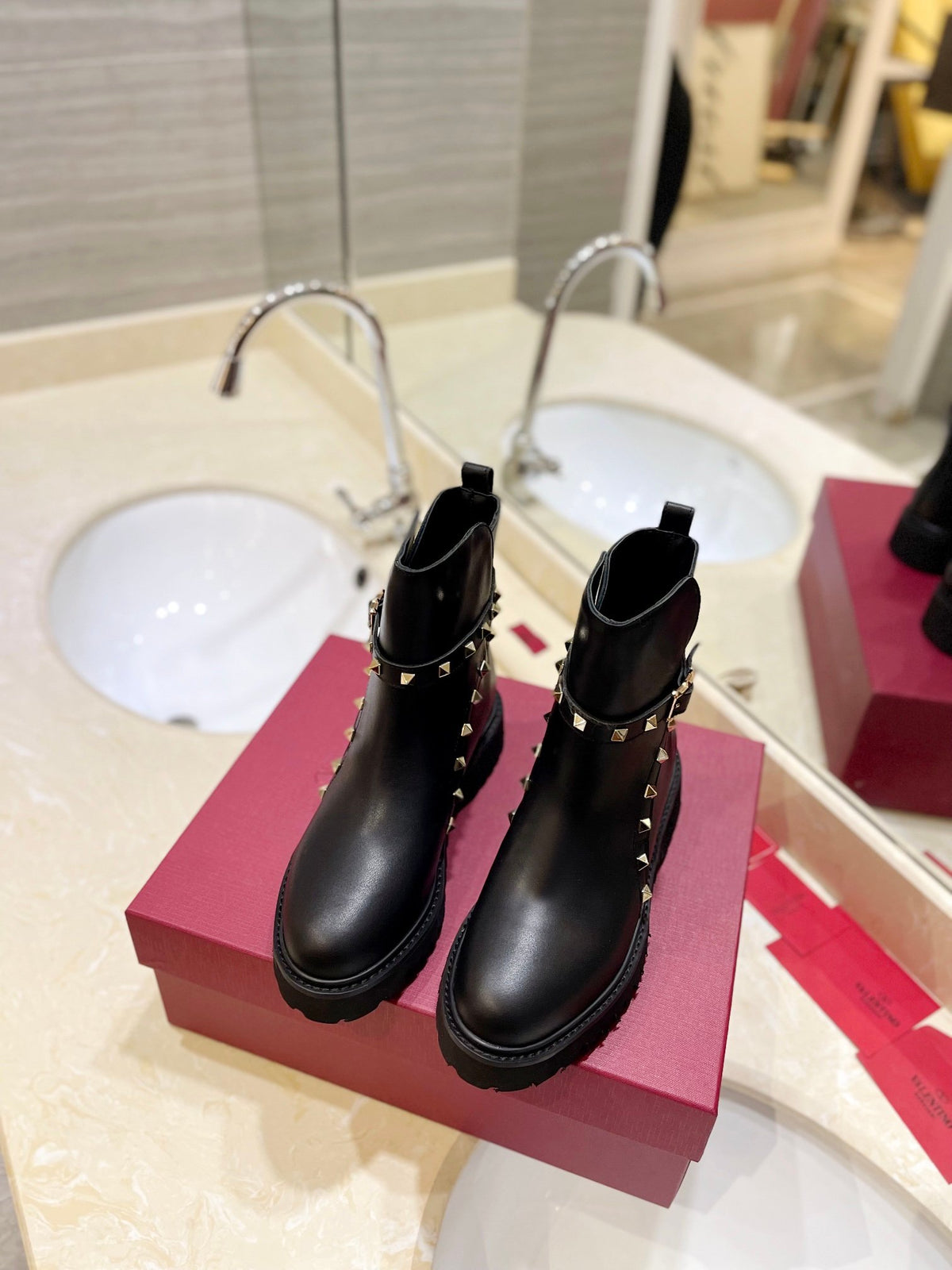 Valentino Women Black Leather Studded Boots