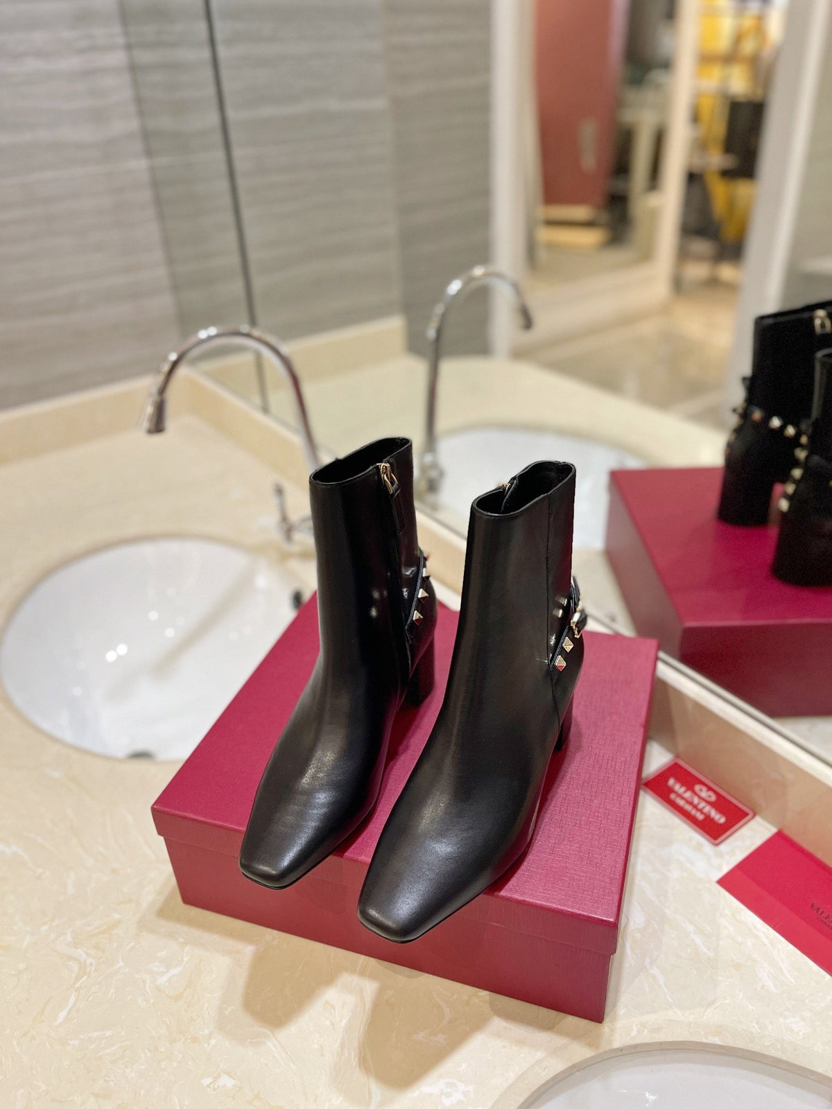 Valentino Women Black Leather Studded Ankle Boots