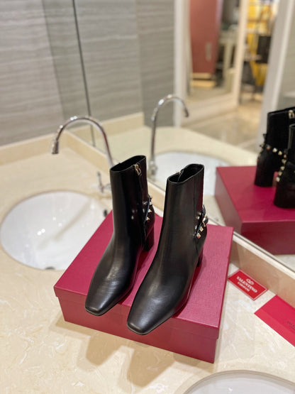 Valentino Women Black Leather Studded Ankle Boots