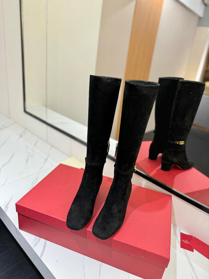 Valentino Women Black Suede Mid Heel Boots