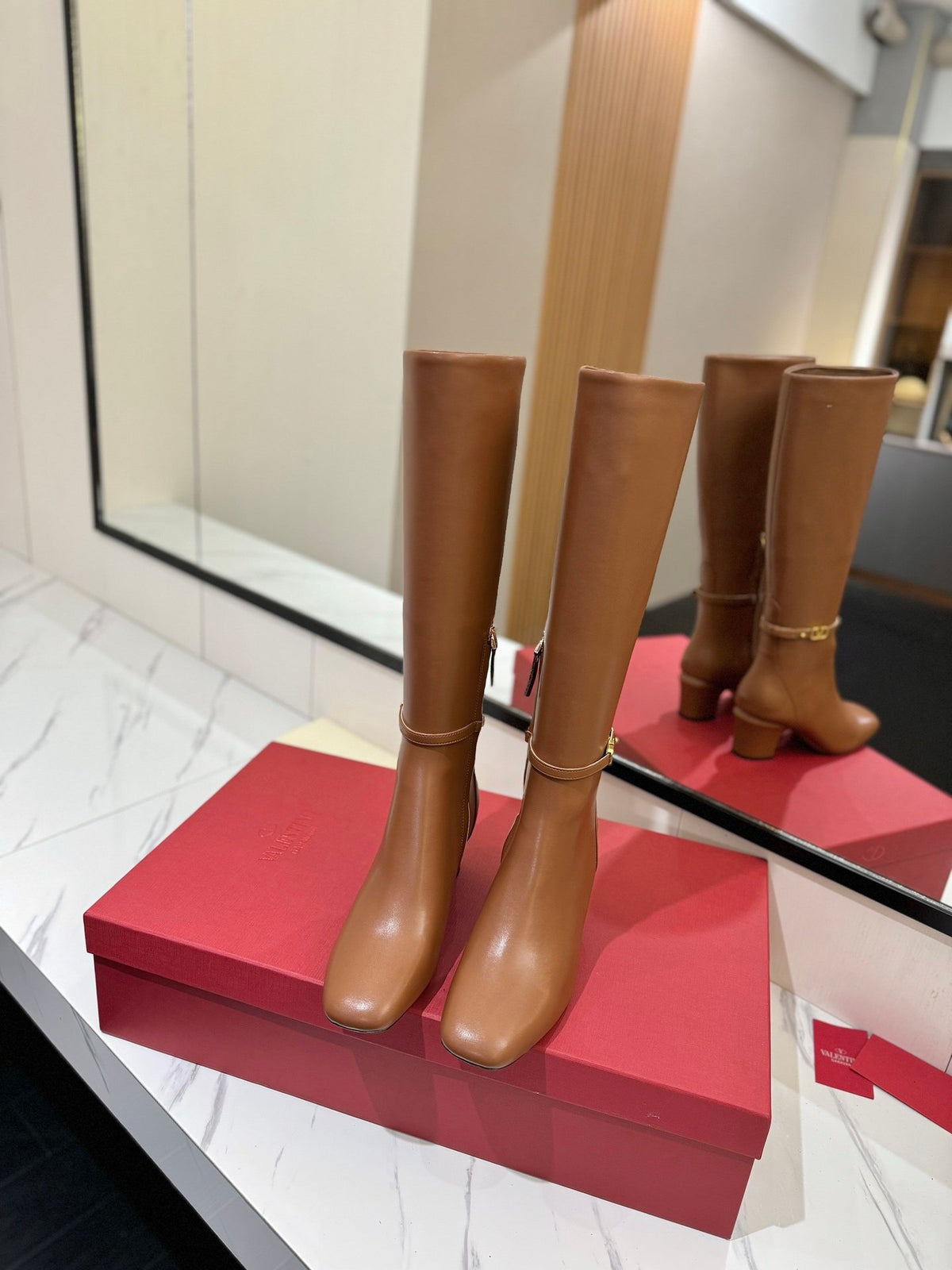 Valentino Women Tan Leather Mid-Calf Boots