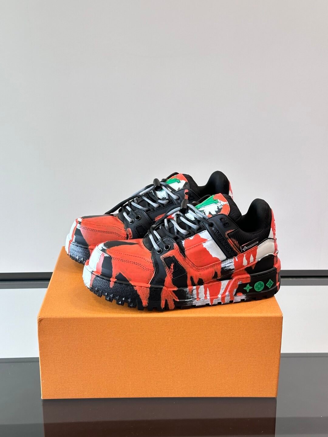 LV Men Red Black Leather Sneakers