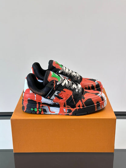 LV Men Black Red Painted Leather Sneakers
