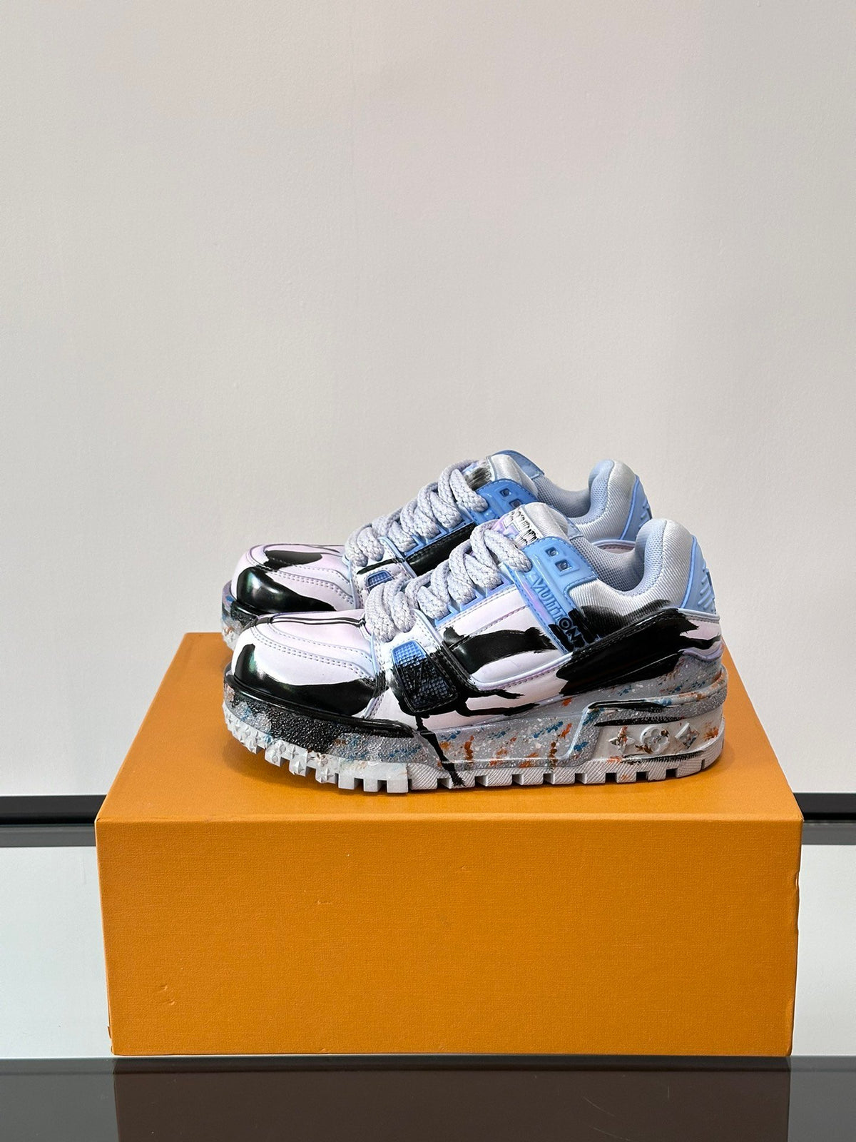 LV Men Black White Blue Leather Sneakers