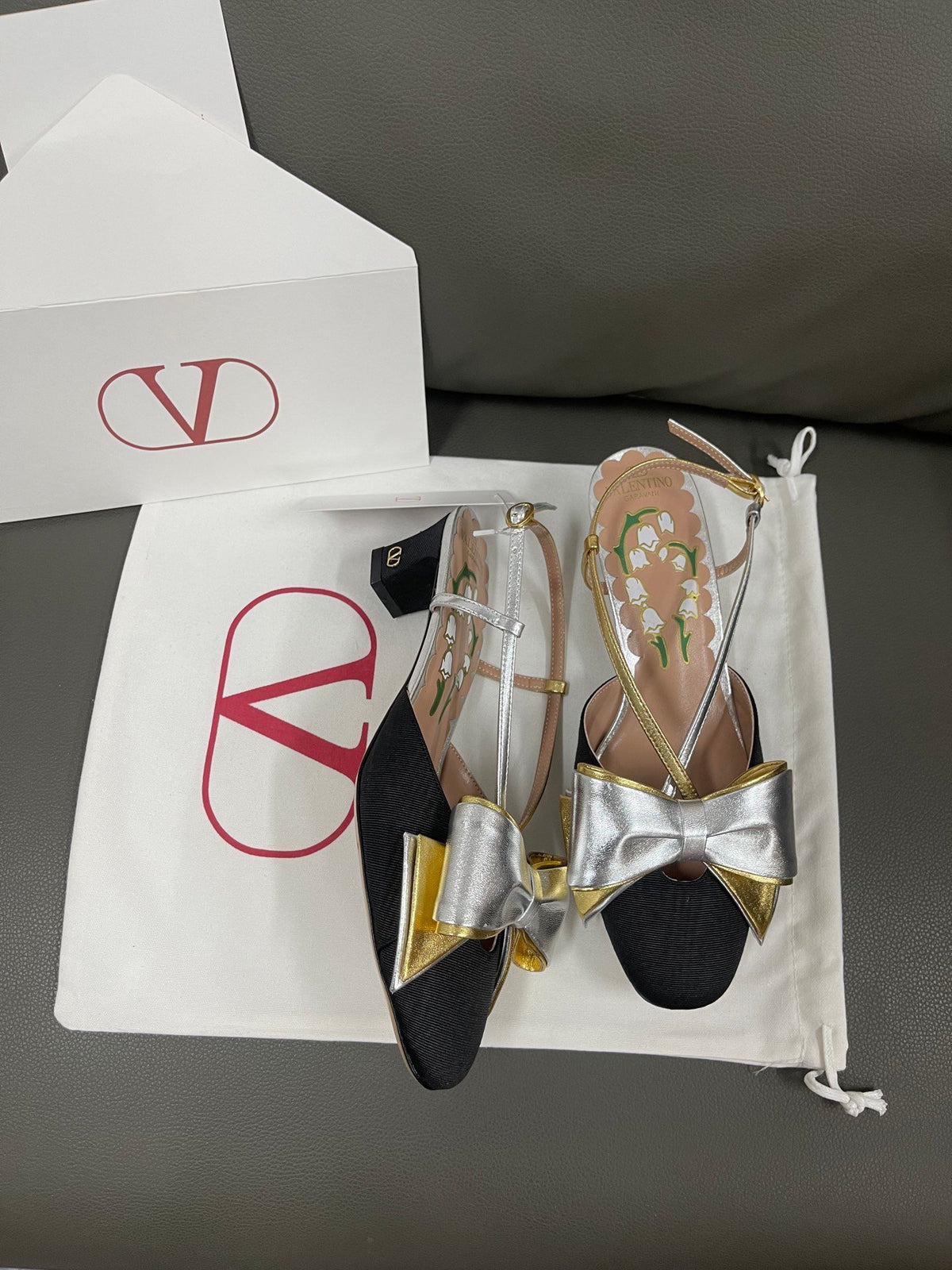 Valentino Women Black Satin Silver Gold Leather Heels