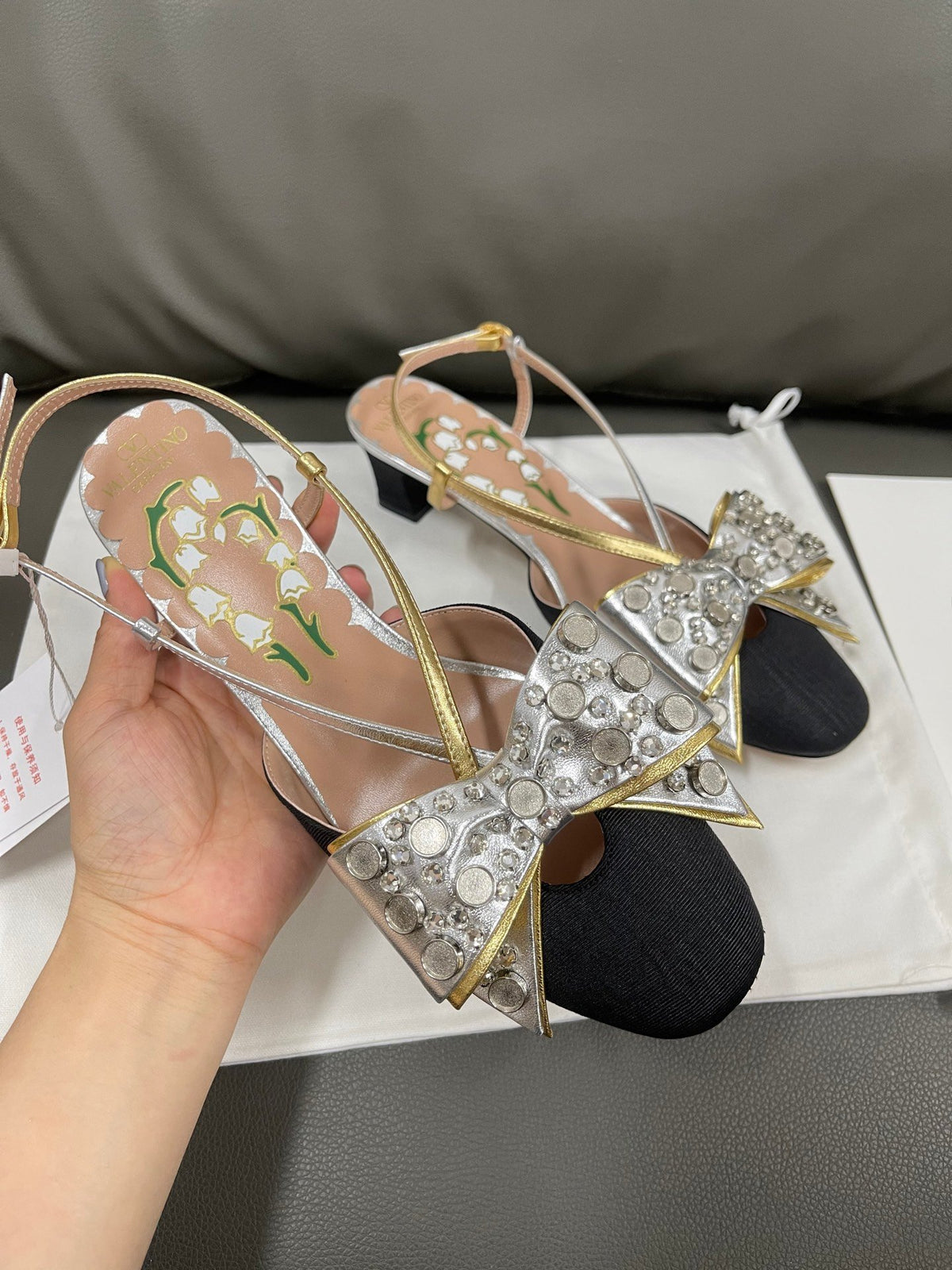 Valentino Women Black Silver Leather Bow Slingback Flats