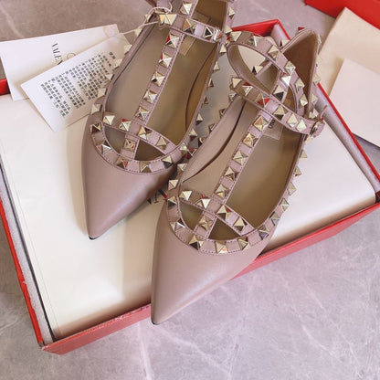 Valentino Women Beige Leather Studded Flats