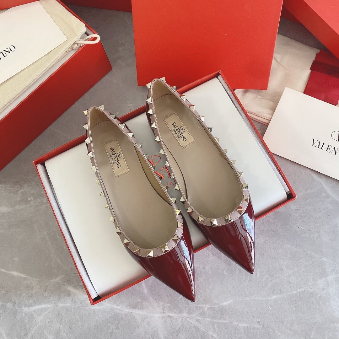 Valentino Women Burgundy Patent Leather Studded Flats