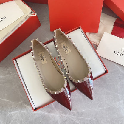 Valentino Women Burgundy Patent Leather Studded Flats
