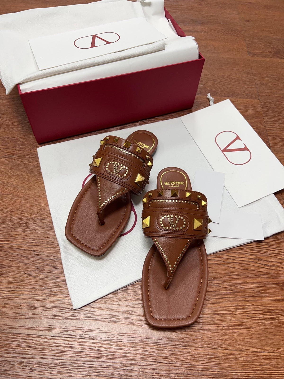 Valentino Women Brown Leather Studded Sandals