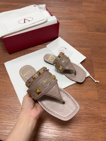 Valentino Women Taupe Leather Studded Sandals