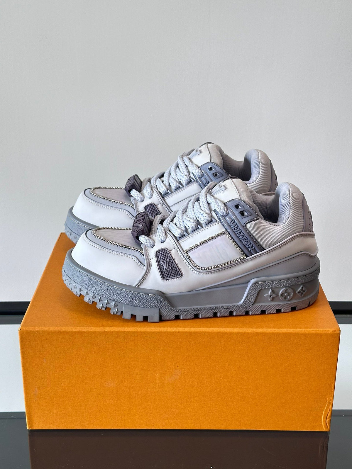 LV Men White Leather Gray Accents Sneakers