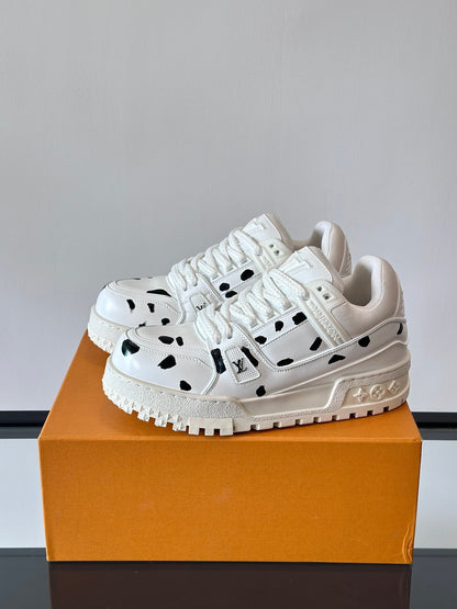 LV Men White Leather Black Spot Sneakers