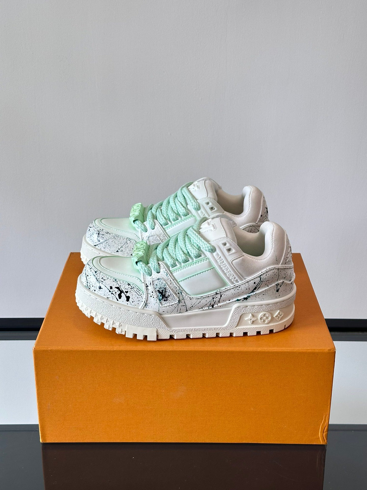 LV Men White Leather Paint Splatter Sneakers