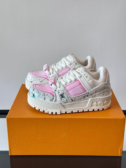 LV Men White Pink Leather Sneakers