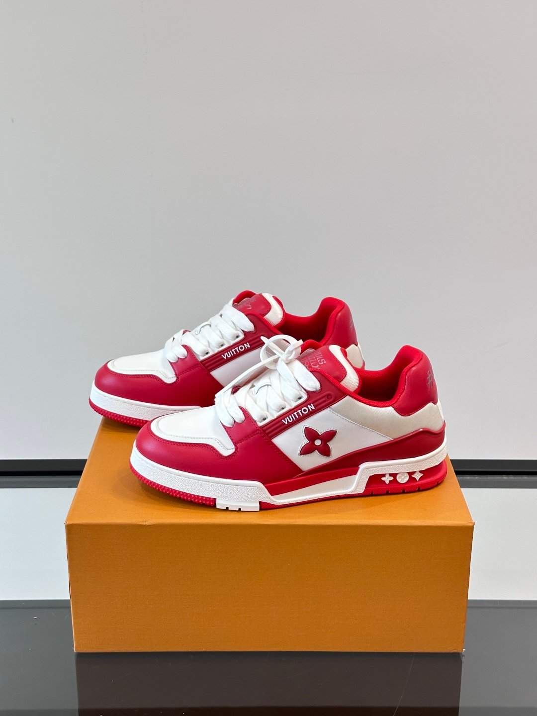 LV Men Red White Leather Sneakers