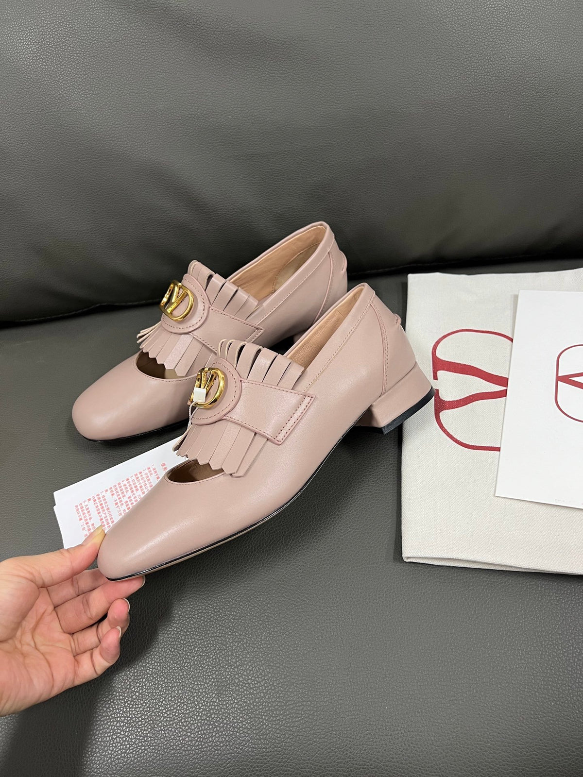 Valentino Women Pink Leather Fringe Loafers
