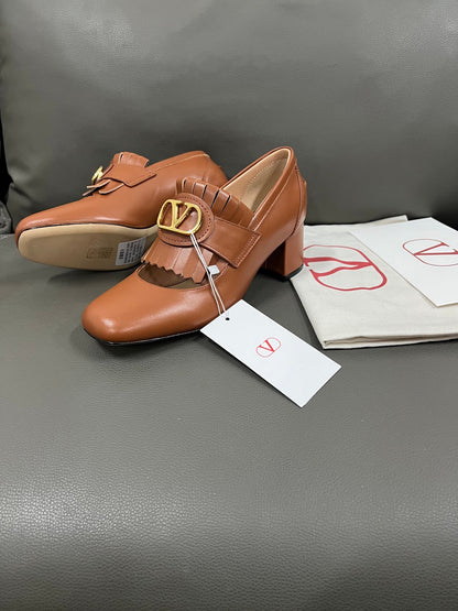 Valentino Women Brown Leather Fringe Loafers