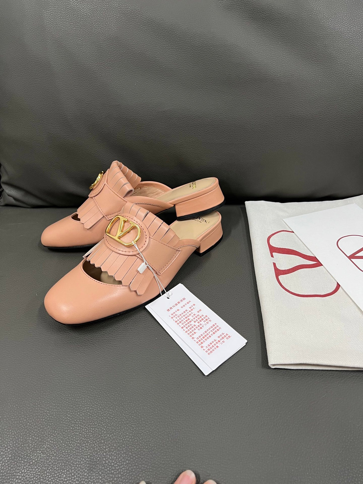 Valentino Women Pink Leather Fringe Mules