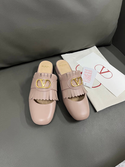 Valentino Women Pink Leather Fringe Mules