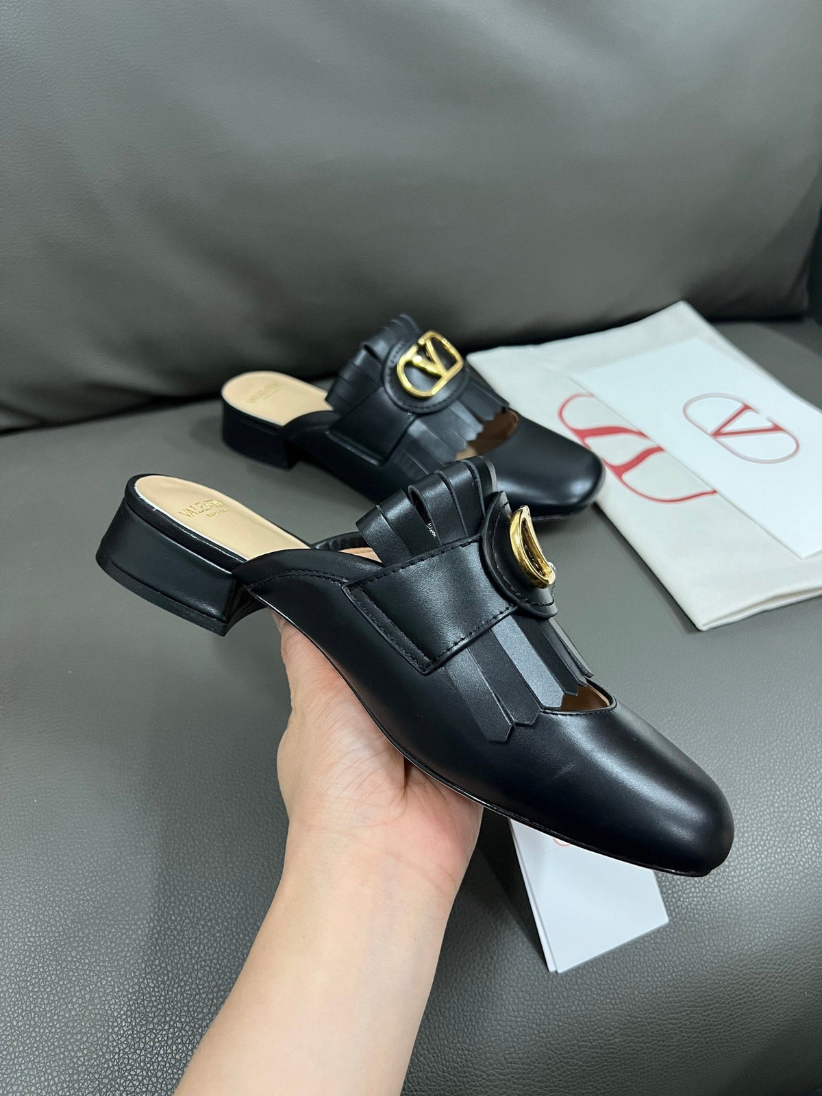 Valentino Women Black Leather Fringe Mules
