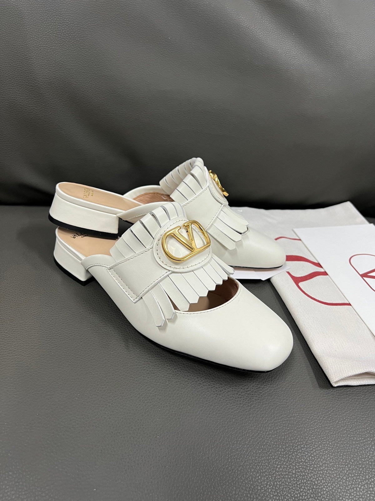 Valentino Women White Leather Fringe Mules