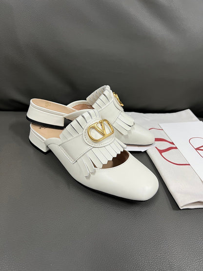 Valentino Women White Leather Fringe Mules