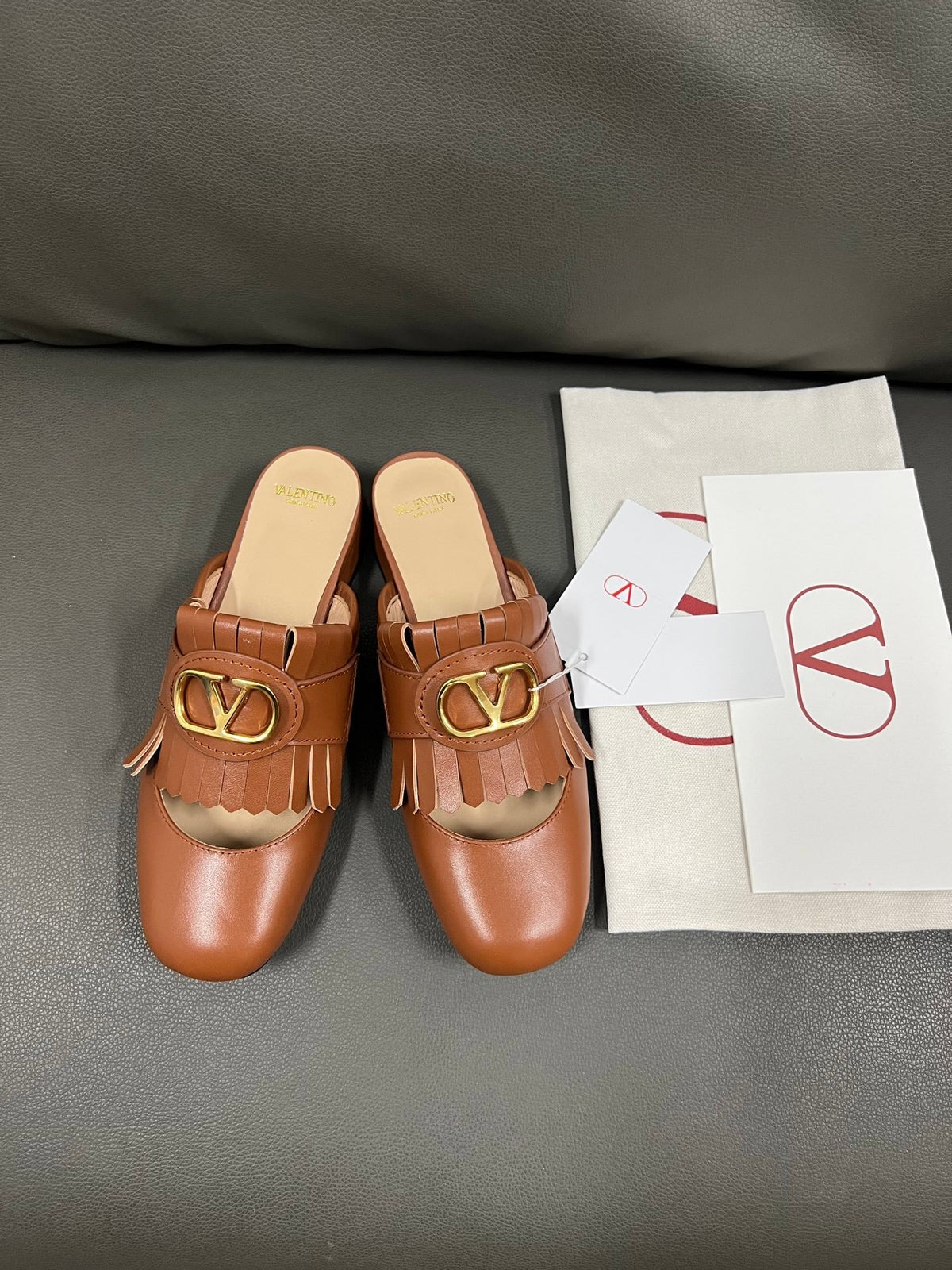 Valentino Women Brown Leather Fringe Mules