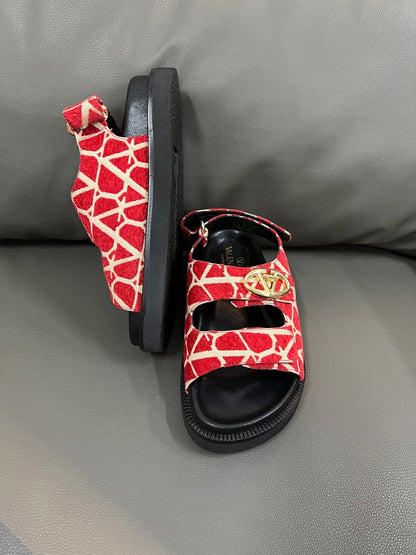 Valentino Women Red Patterned Fabric Sandals