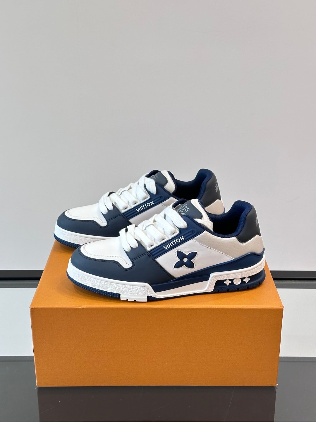 LV Men White And Navy Leather Sneakers