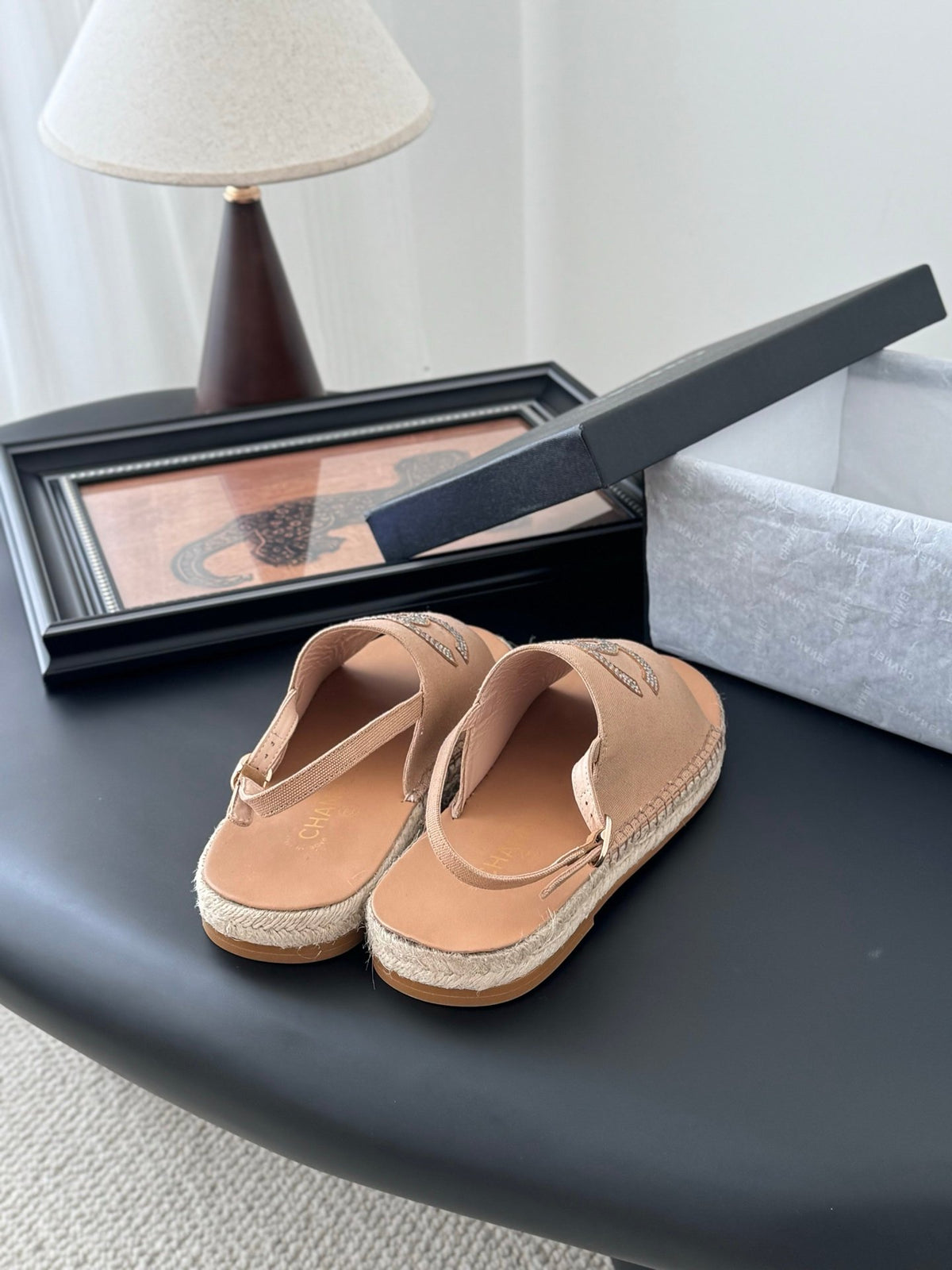 Chanel Women Beige Canvas Crystal Logo Sandals