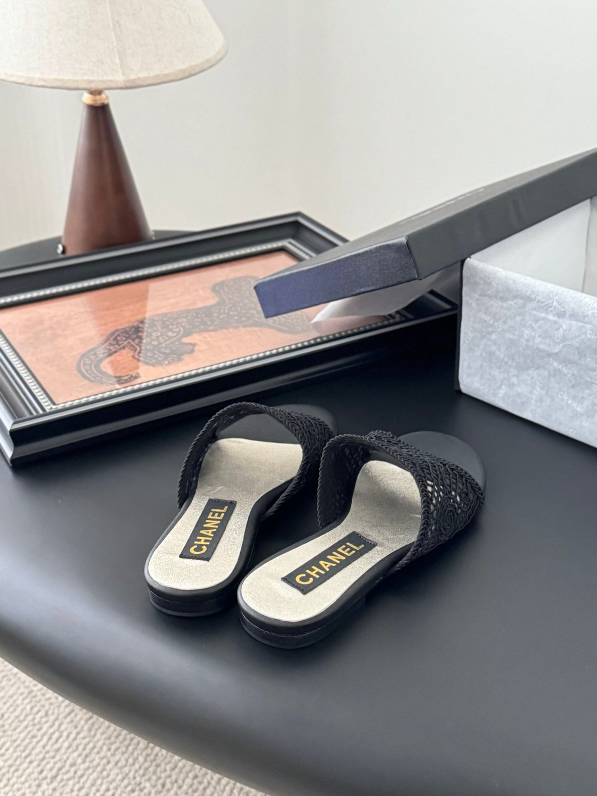 Chanel Women Black Mesh Slide Sandals