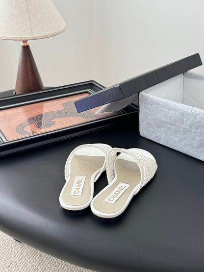 Chanel Women White Lace Mesh Slides