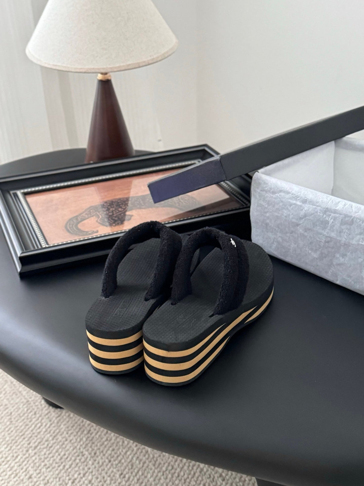 Chanel Women Black Fabric Strap Flip Flop Sandals