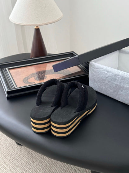 Chanel Women Black Fabric Strap Flip Flop Sandals