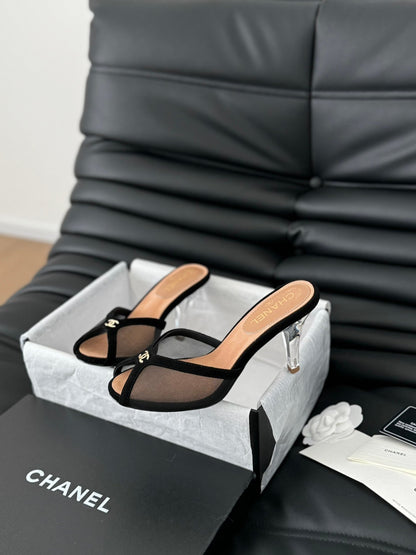 Chanel Women Black Mesh Logo Slide Sandals