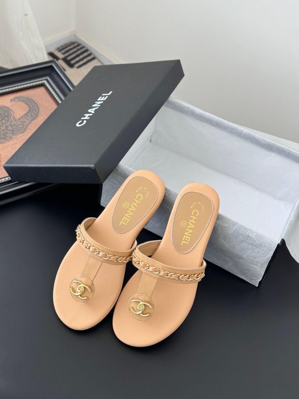 Chanel Women Beige Leather Slides
