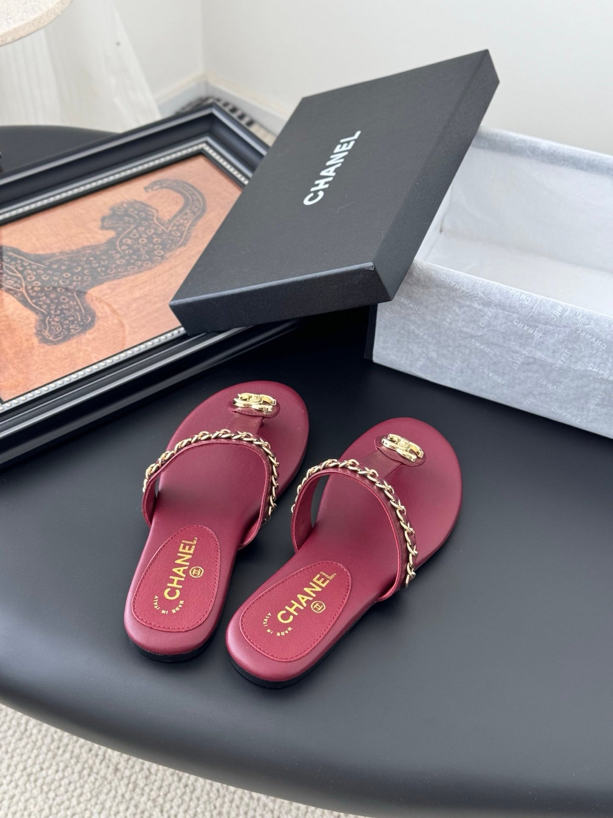 Chanel Women Burgundy Leather Chain Detail Slides