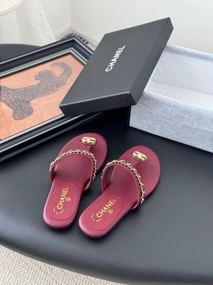 Chanel Women Burgundy Leather Chain Detail Slides