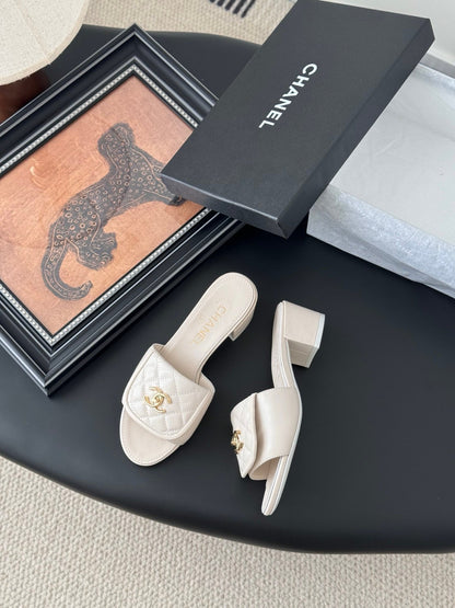 Chanel Women Ivory Quilted Leather Mules
