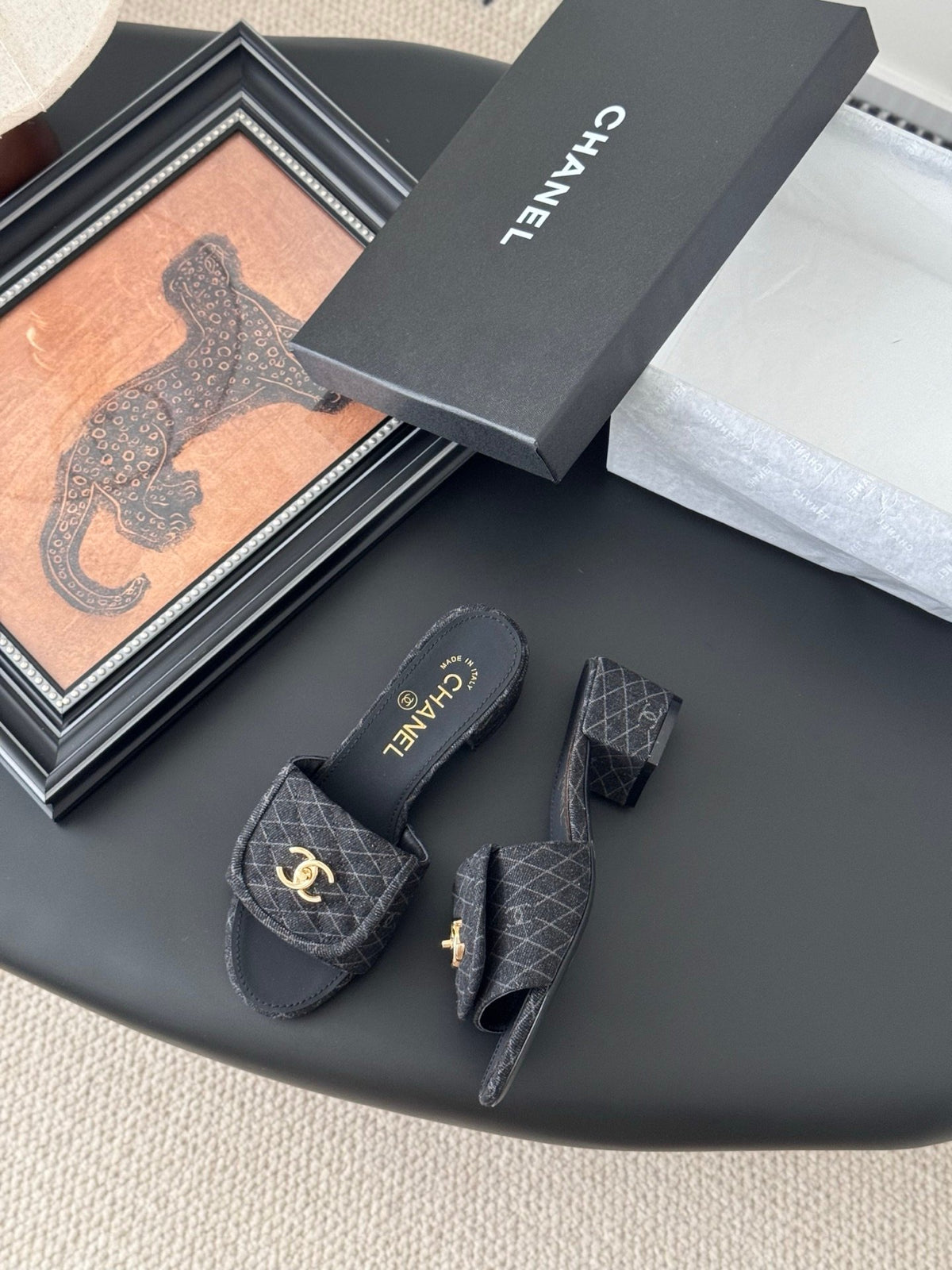 Chanel Women Black Quilted Fabric Slides