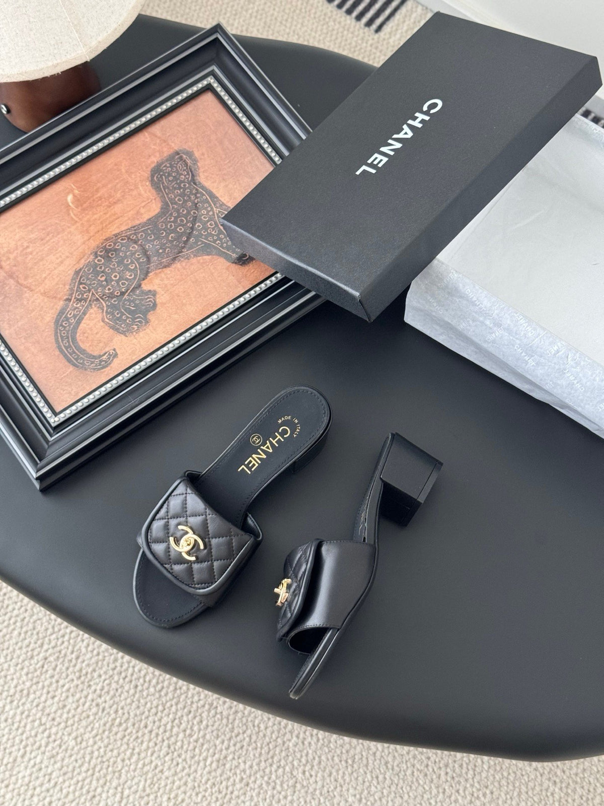 Chanel Women Black Quilted Leather Slides