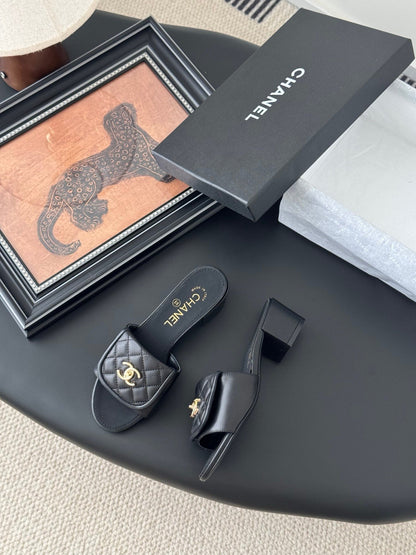 Chanel Women Black Quilted Leather Slides
