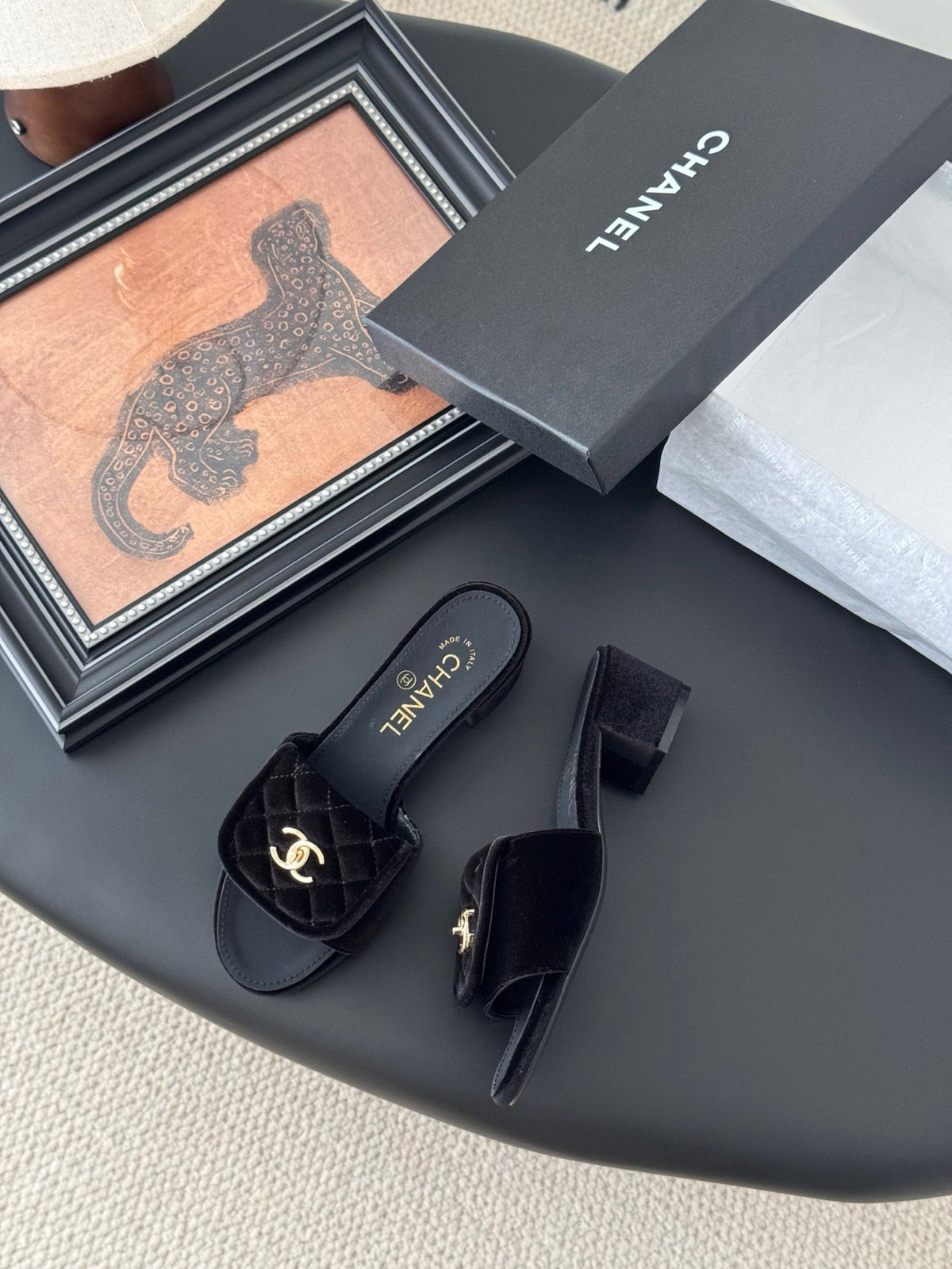 Chanel Women Black Quilted Velvet Slides