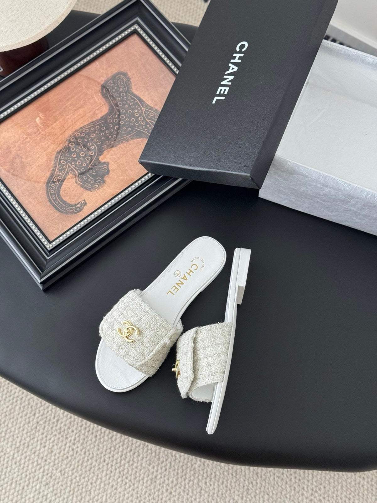 Chanel Women Beige Tweed Slides