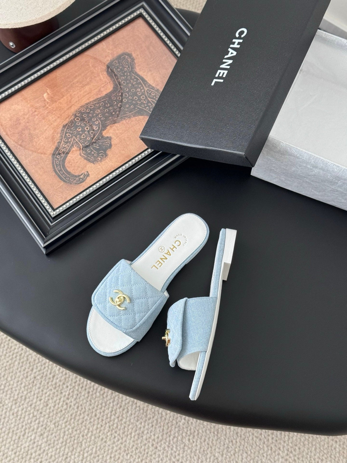 Chanel Women Light Blue Quilted Fabric Slides